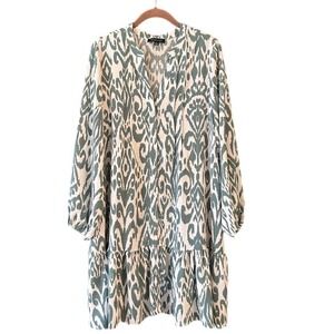 New Rachel Zoe Ikat Print Tiered Dress XL Green White V-Neck Long Sleeve